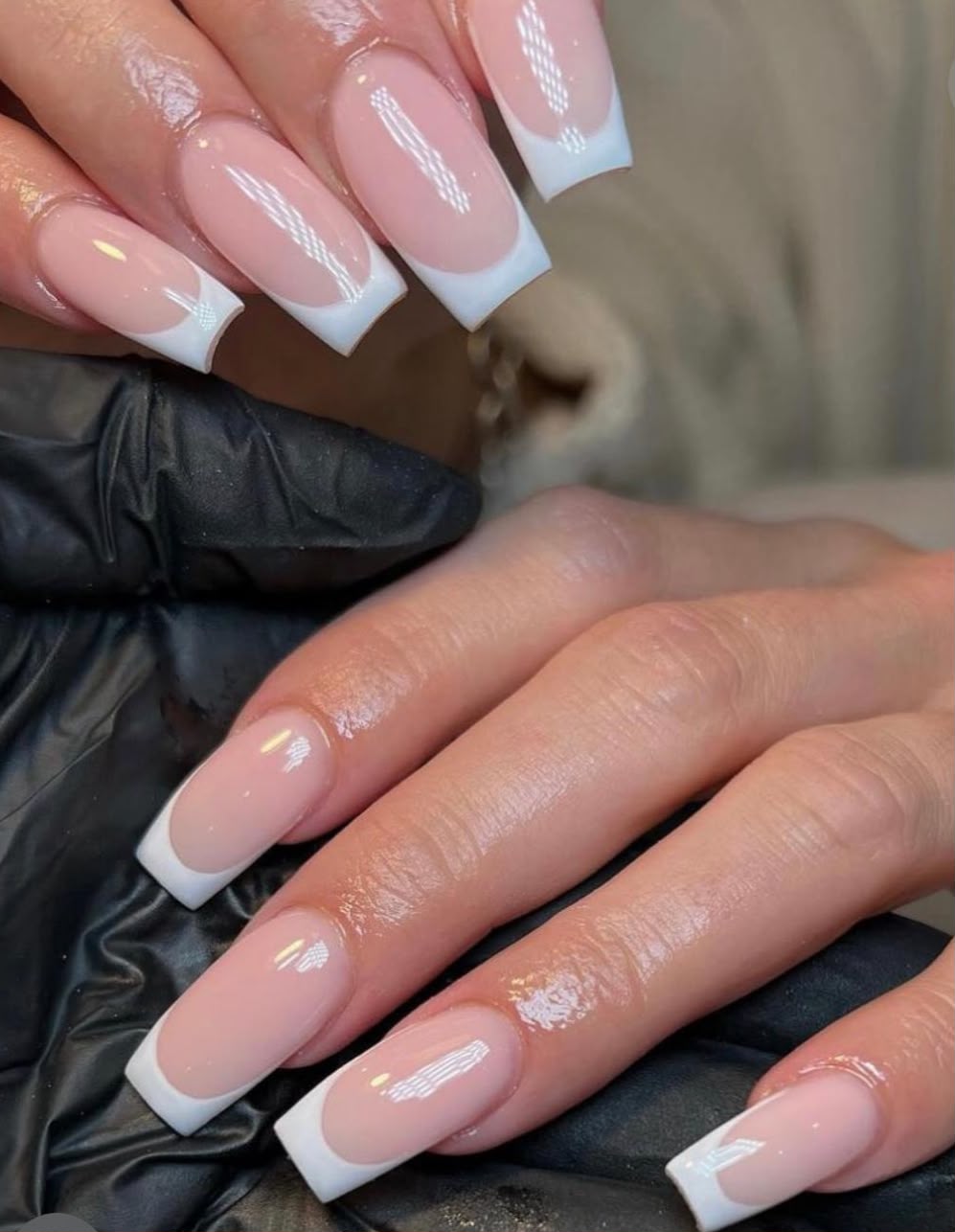 Long coffin French tip hard gel nails by Chic Sphere